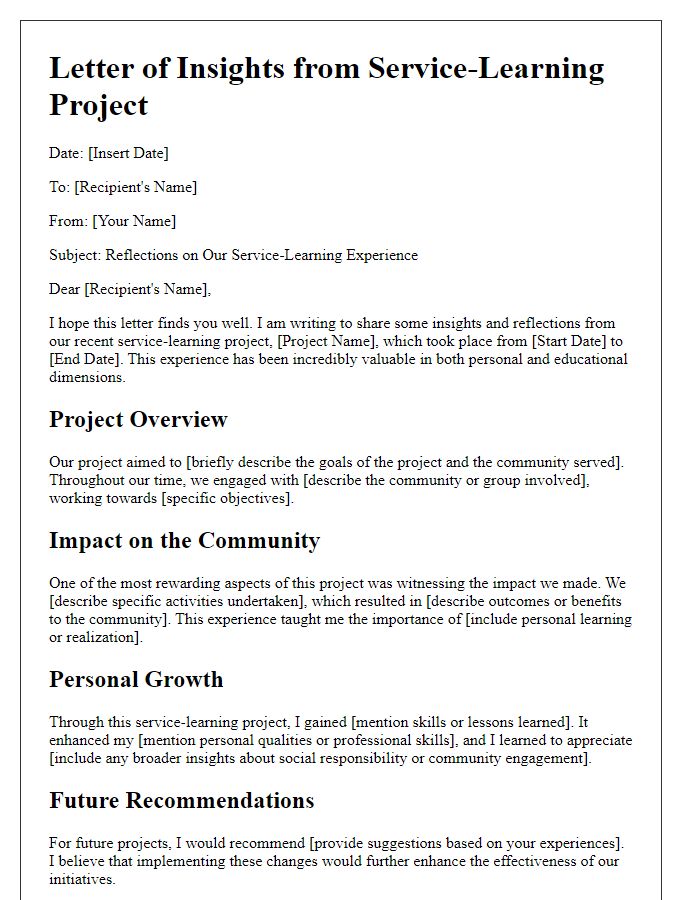 Letter template of service-learning project insights