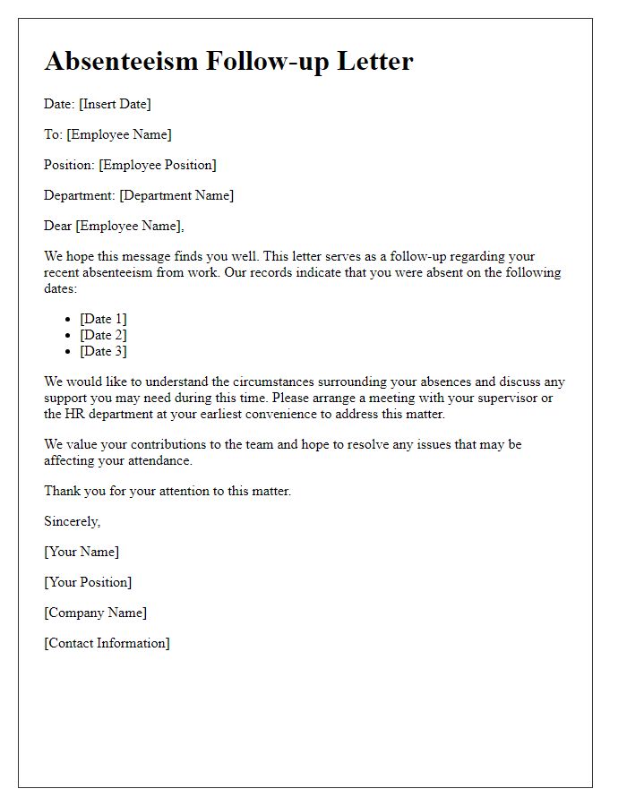 Letter template of absenteeism follow-up for HR documentation