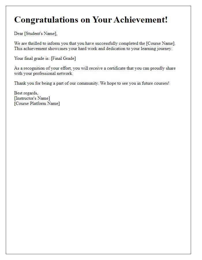 Letter template of online course achievement alert