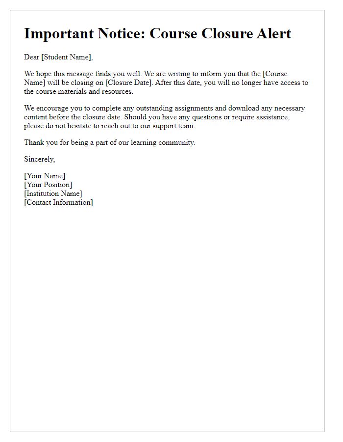 Letter template of online course closure alert