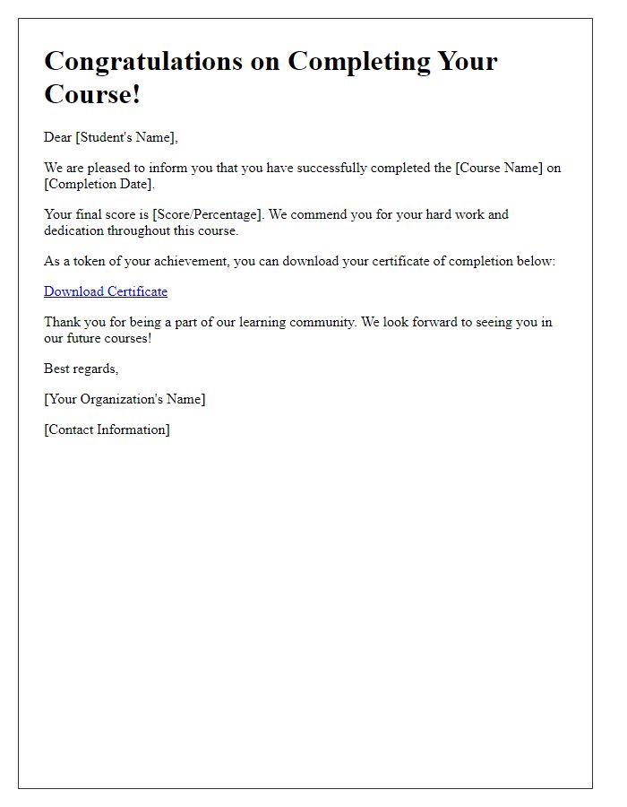 Letter template of online course completion notification