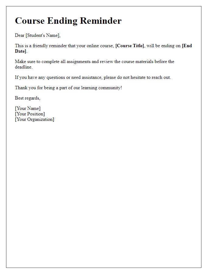 Letter template of online course ending reminder