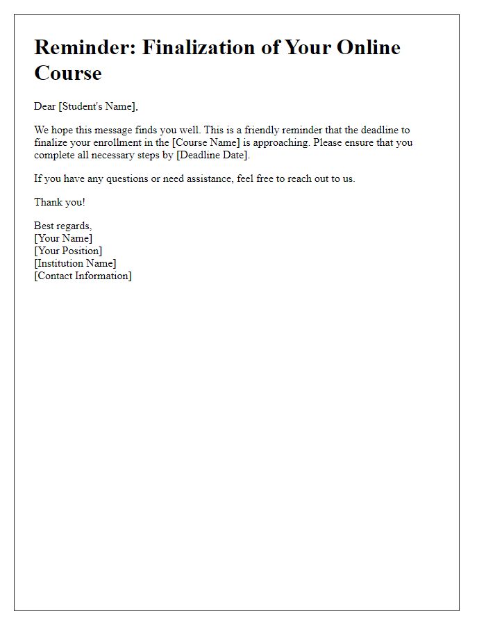 Letter template of online course finalization reminder