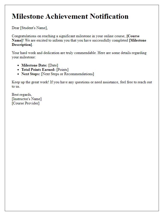 Letter template of online course milestone notification