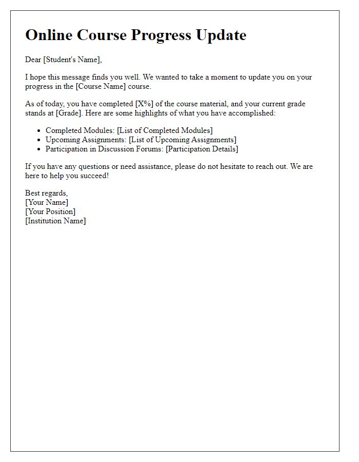 Letter template of online course progress update