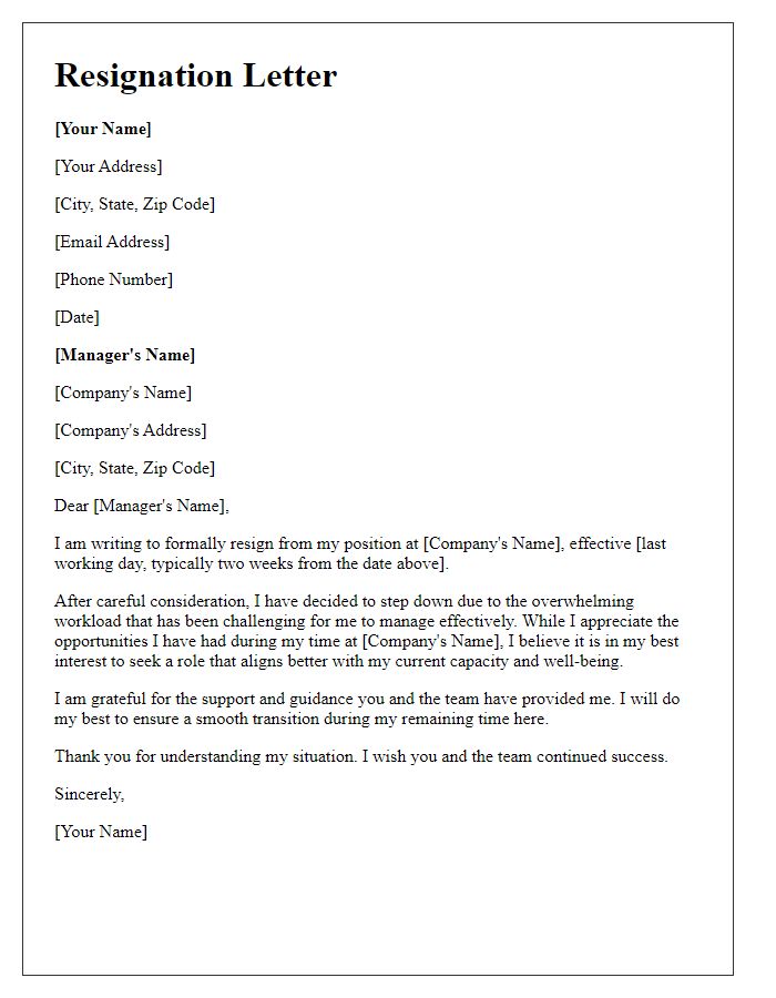 Letter template of resignation citing high workload