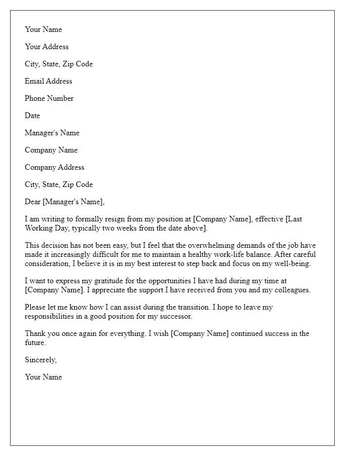 Letter template of resignation due to overwhelming job demands