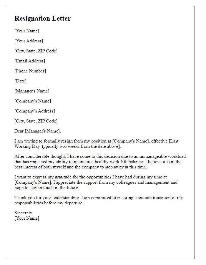 Letter template of resignation due to an unmanageable workload