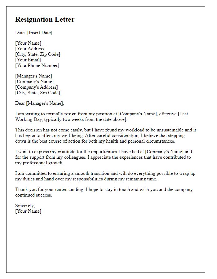 Letter template of resignation due to unsustainable workload