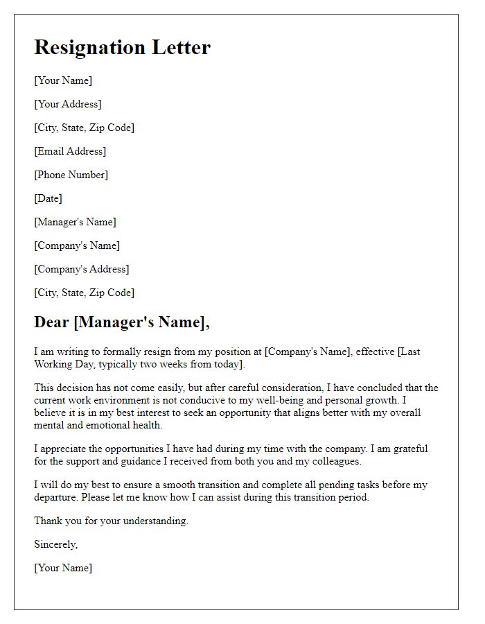 Letter template of resignation from a stressful job environment