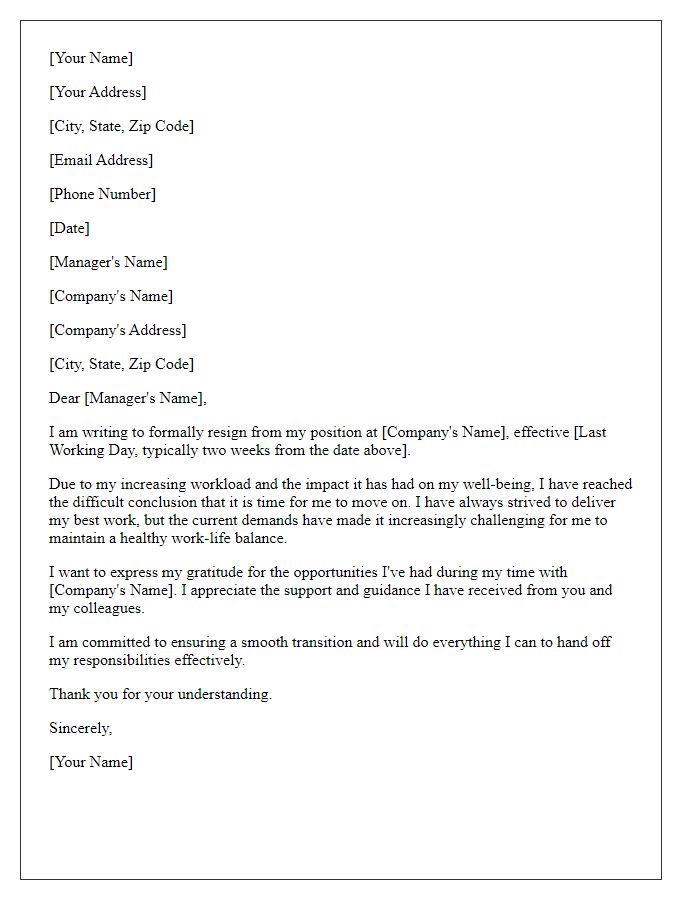 Letter template of resignation related to workload issues