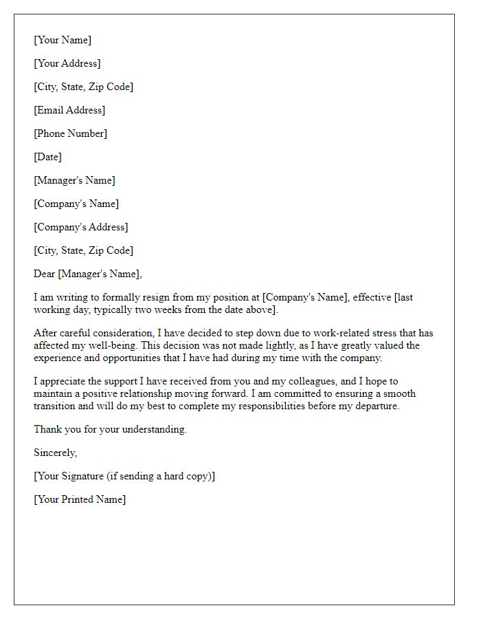 Letter template of resignation for work-related stress