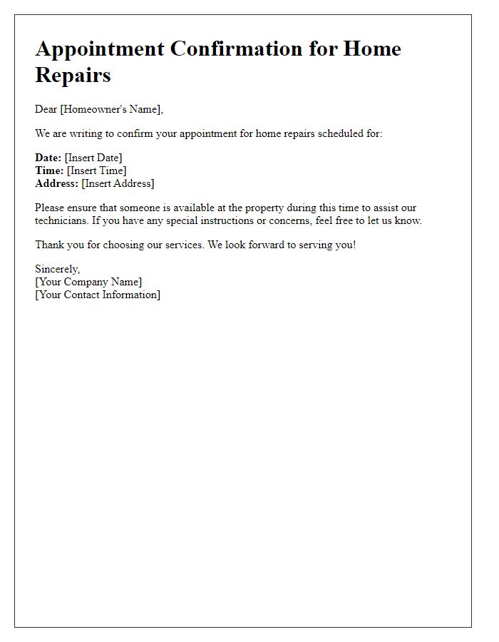 Letter template of appointment confirmation for home repairs