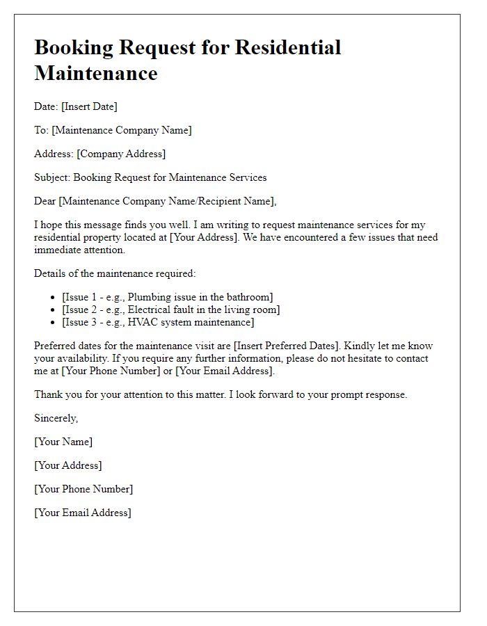 Letter template of booking request for residential maintenance