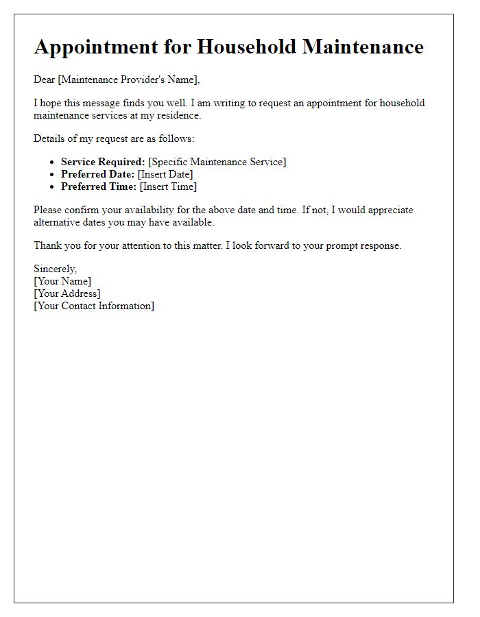 Letter template of fixing appointment for household maintenance