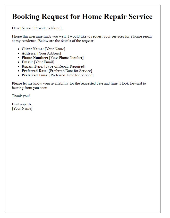 Letter template of home repair service booking request