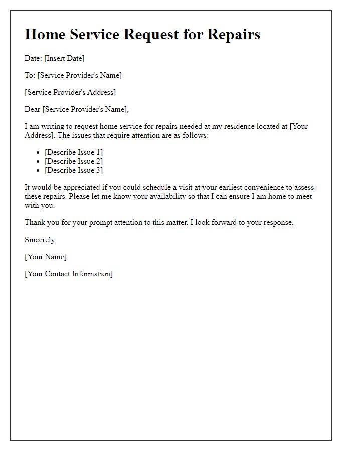 Letter template of home service request for repairs