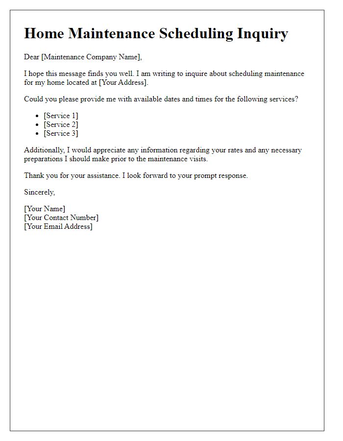 Letter template of inquiry for home maintenance scheduling