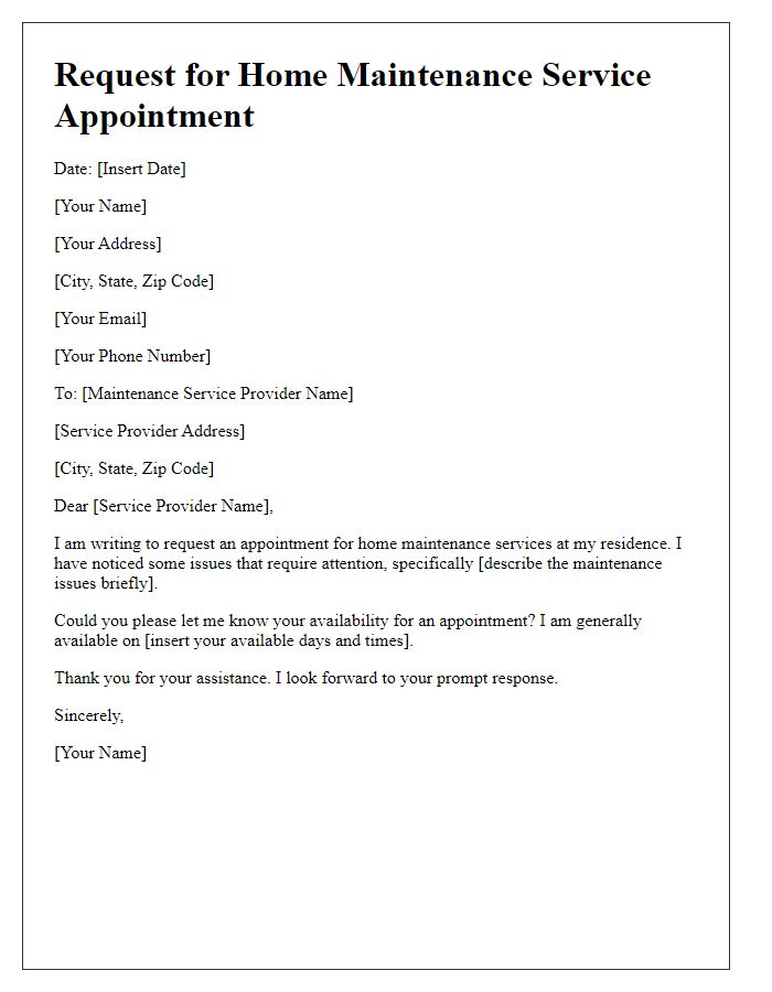 Letter template of request for home maintenance service appointment