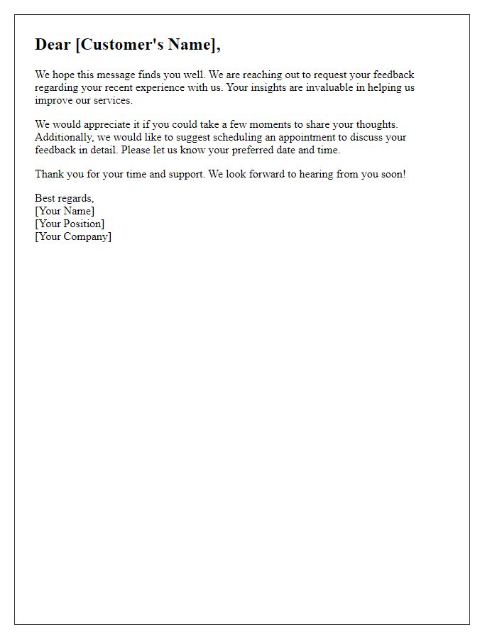 Letter template of customer feedback request with appointment suggestion.