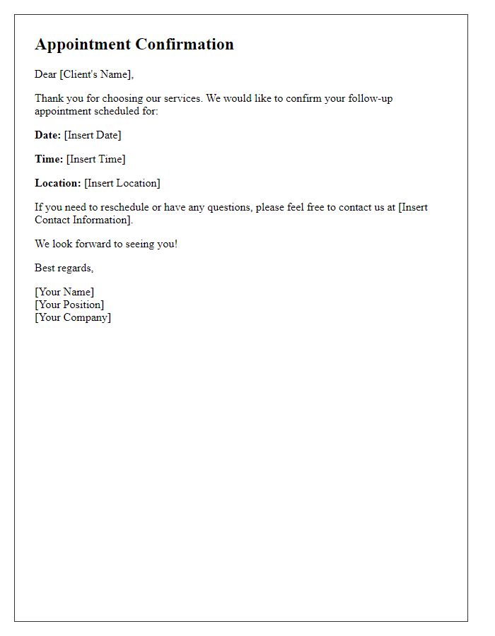 Letter template of follow-up appointment confirmation for recent clients.