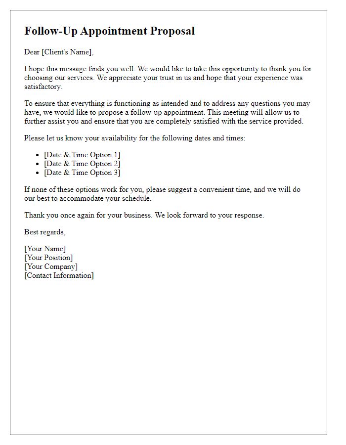 Letter template of follow-up appointment proposal after service completion.