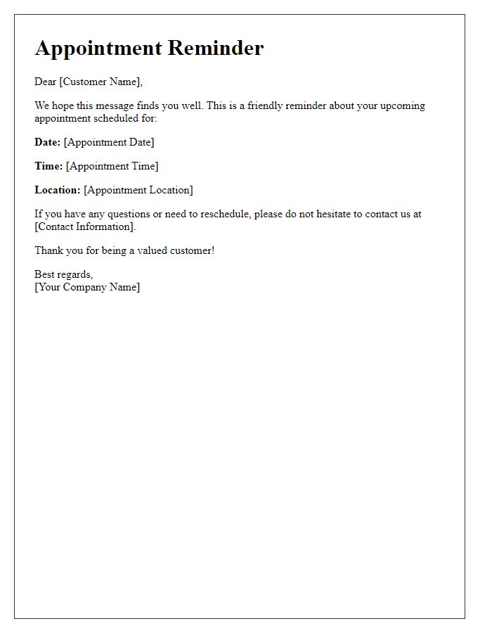 Letter template of follow-up appointment reminder for valued customers.