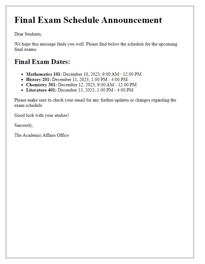 Letter template of distribution of final exam dates