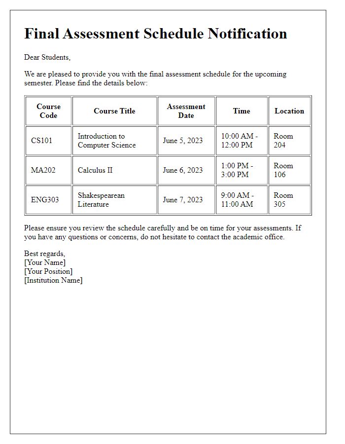 Letter template of final assessment schedule information