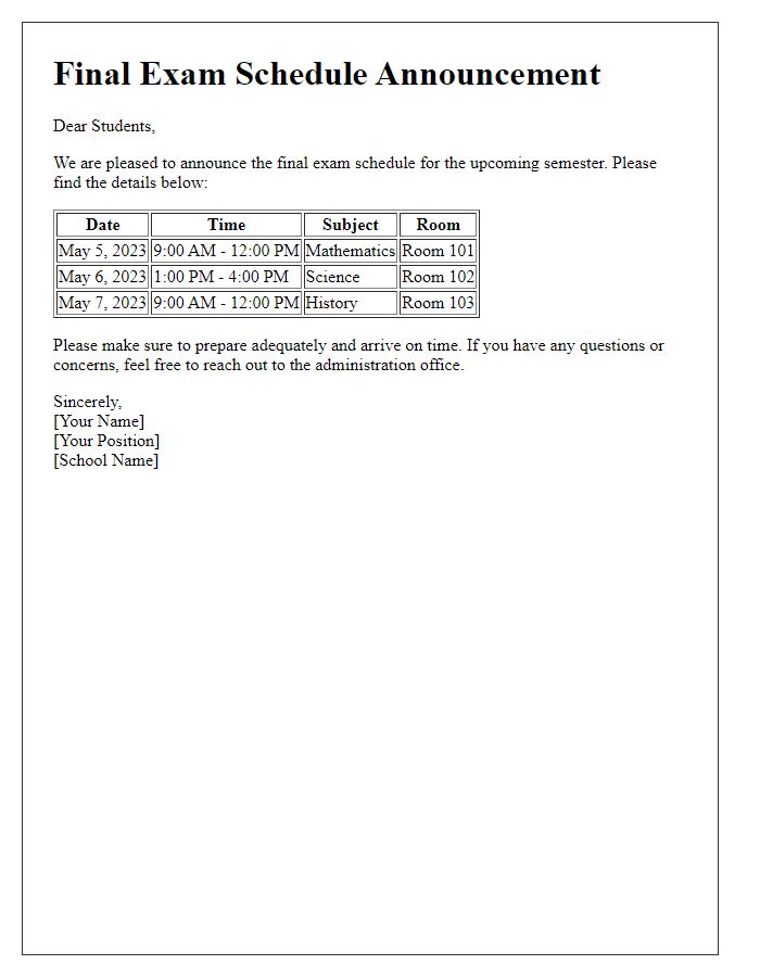 Letter template of final exam schedule announcement