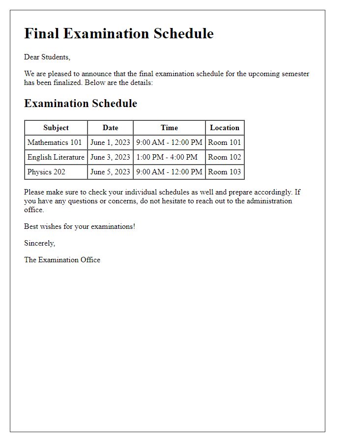 Letter template of final examination schedule publication