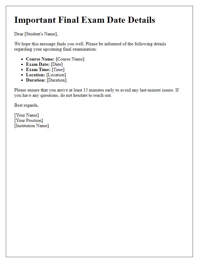 Letter template of important final exam date details
