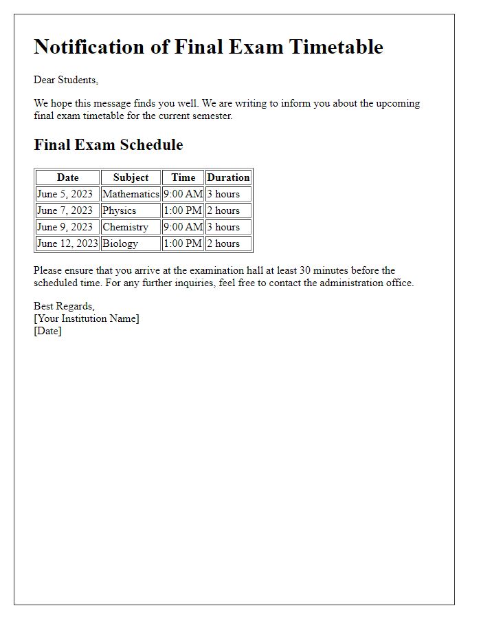 Letter template of notification for final exam timetable