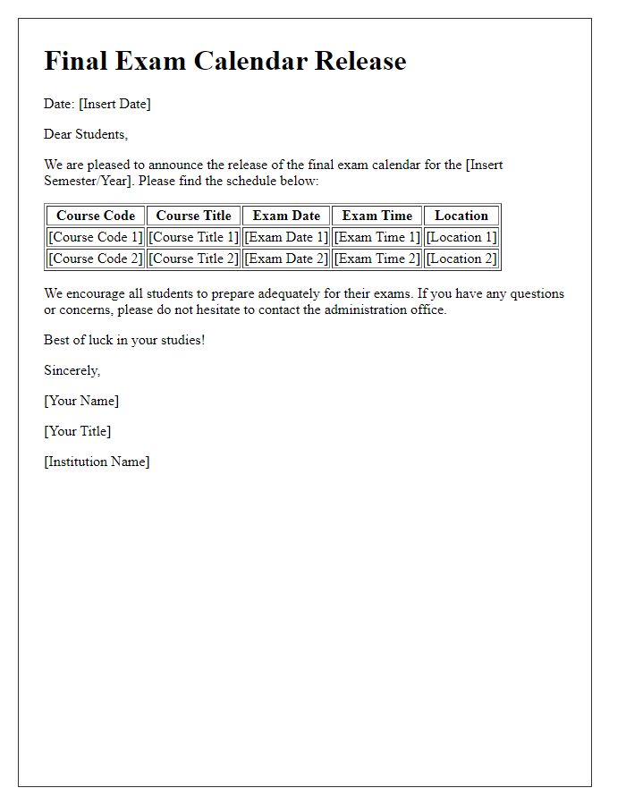 Letter template of release of final exam calendar