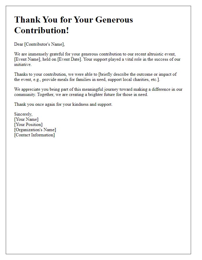 Letter template of altruistic event contribution note.