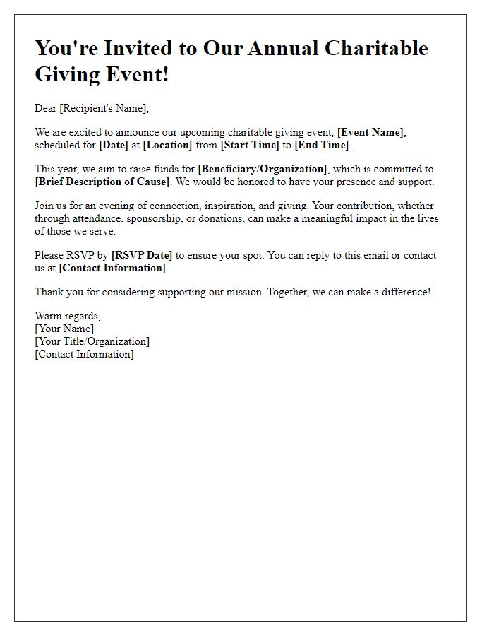 Letter template of charitable giving event prompt.