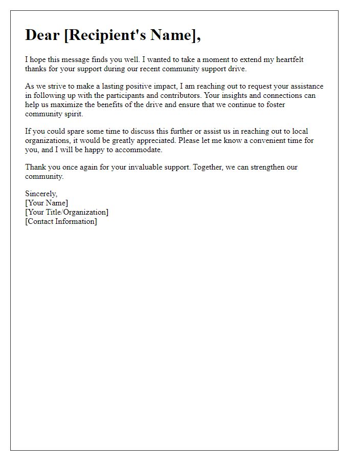 Letter template of community support drive follow-up request.