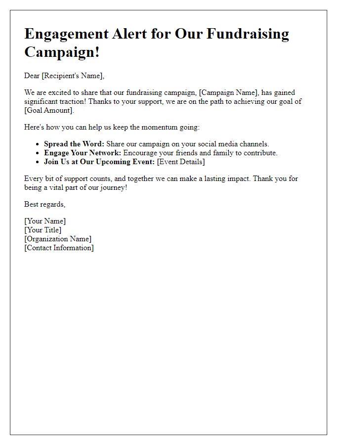 Letter template of fundraising campaign engagement alert.