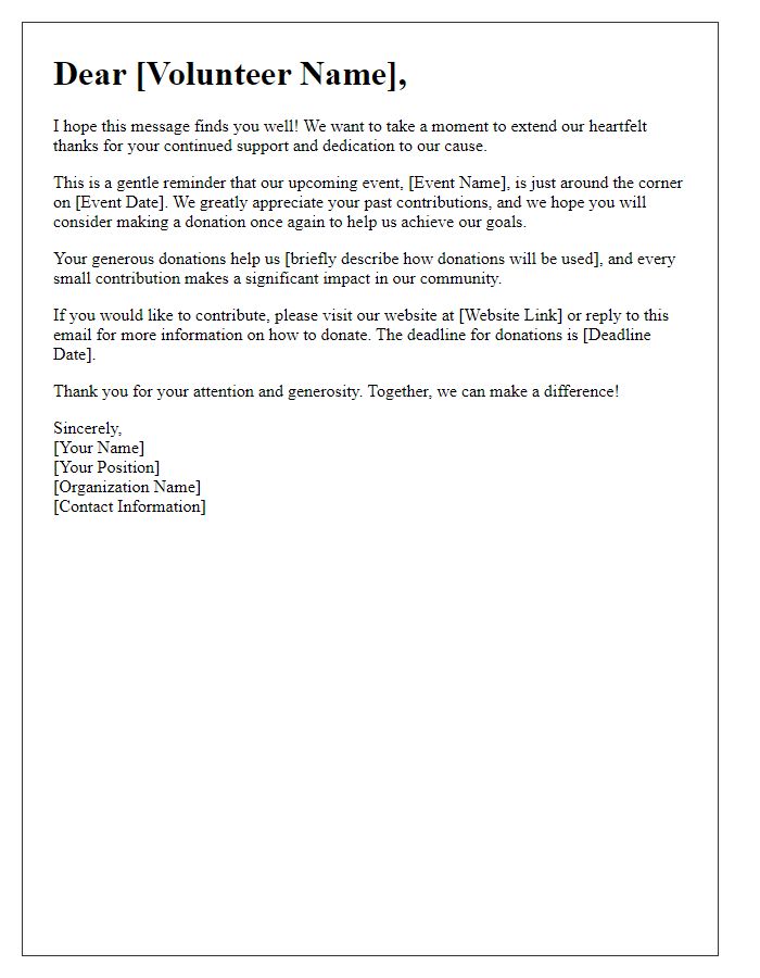 Letter template of volunteer donation solicitation reminder.