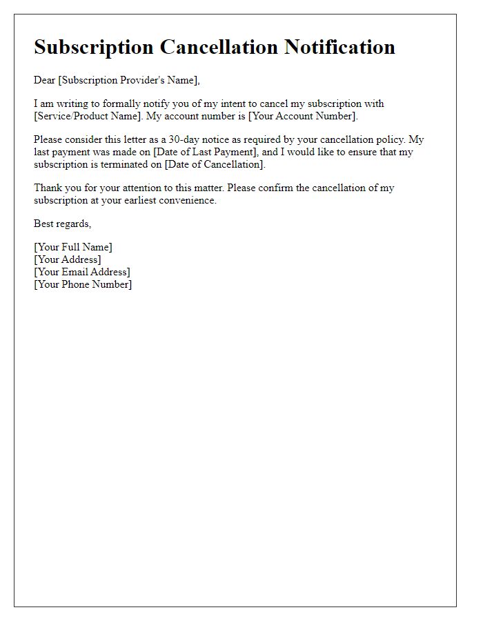 Letter template of intent to cancel subscription notification.