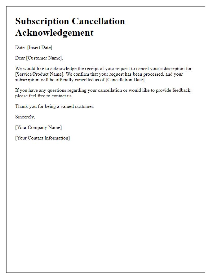 Letter template of subscription cancellation acknowledgement.