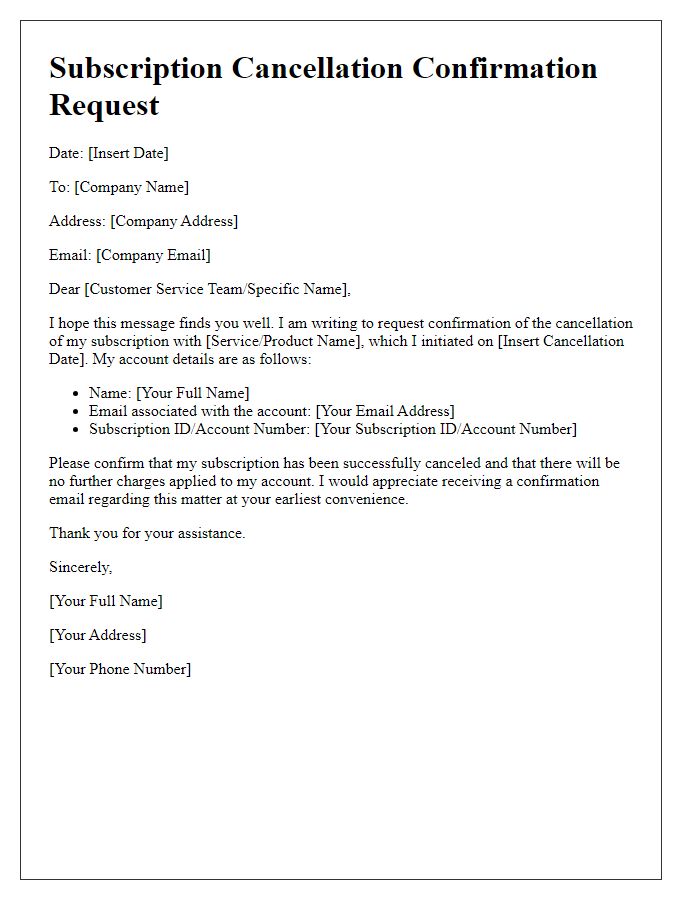 Letter template of subscription cancellation confirmation request.