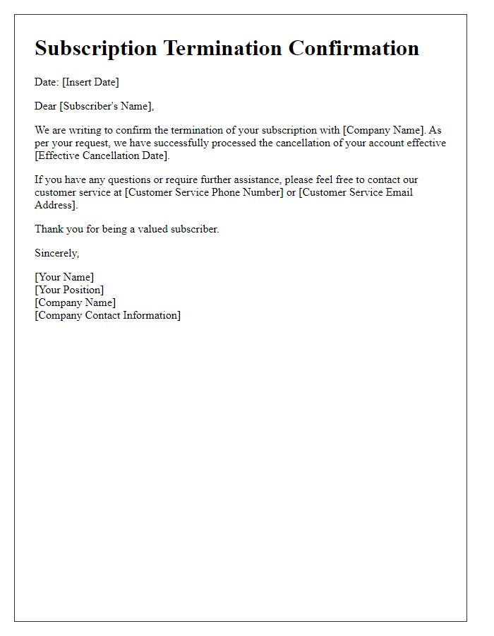 Letter template of subscription termination verification.