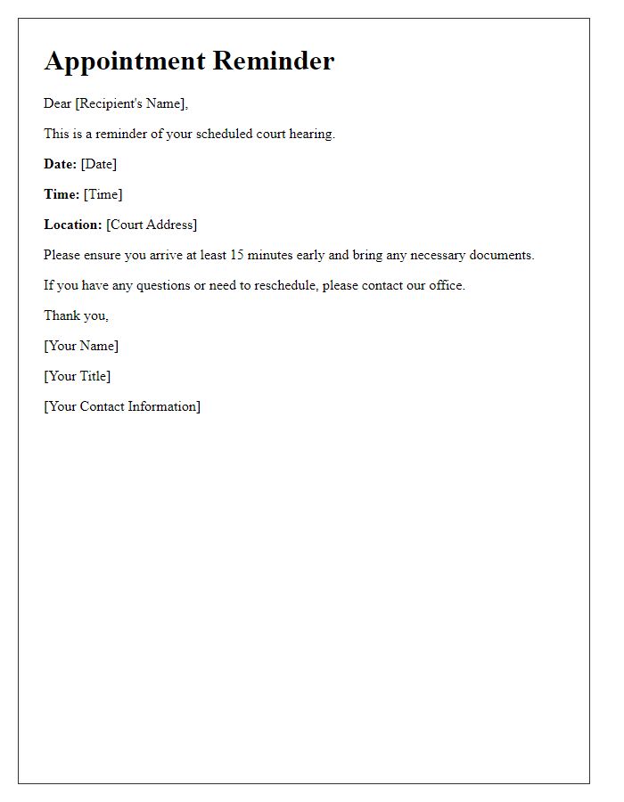 Letter template of appointment reminder for court hearing.