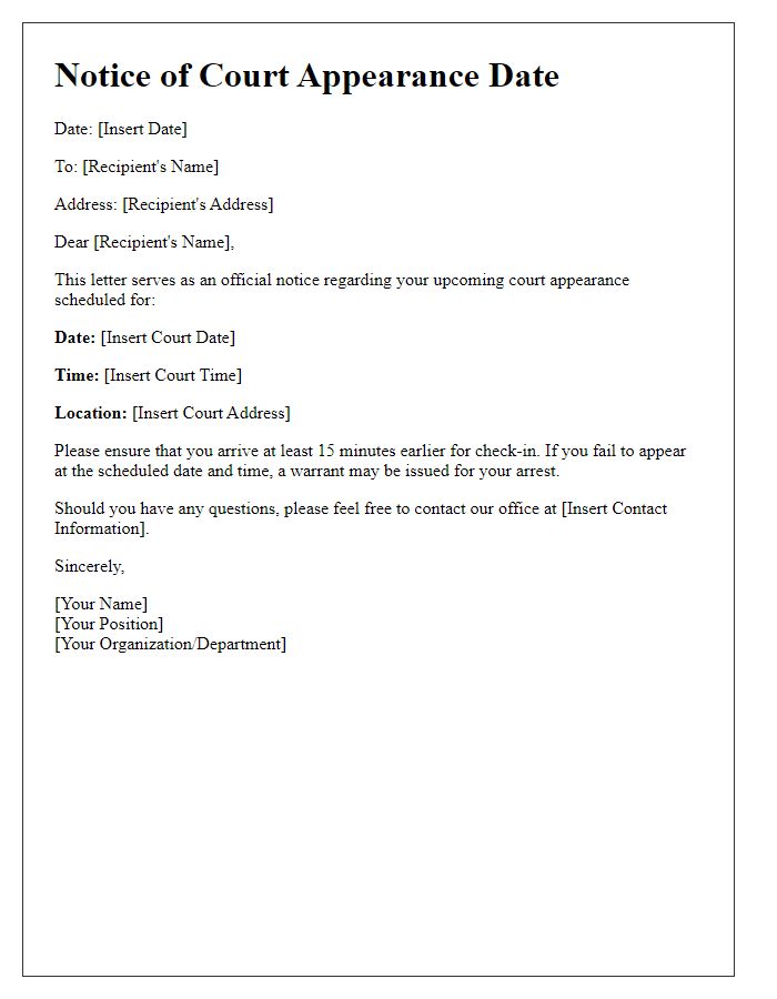 Letter template of court appearance date notice.