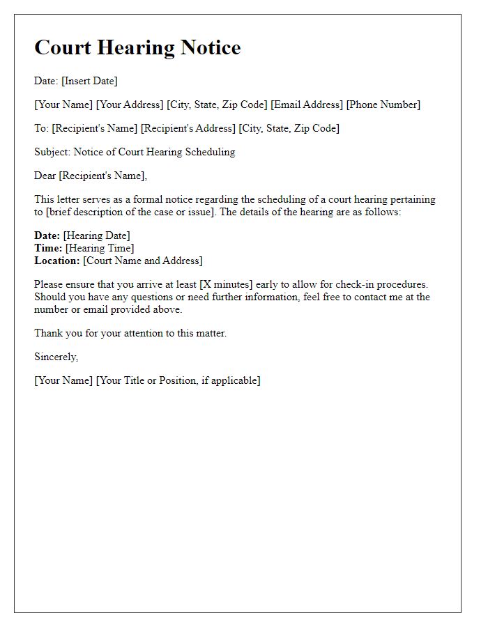 Letter template of notice for court hearing scheduling.