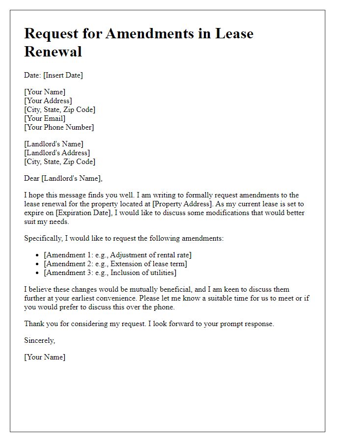 Letter template of request for amendments in lease renewal.