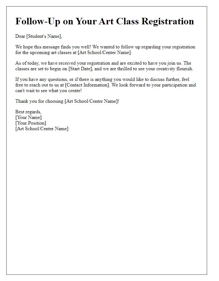 Letter template of art class registration follow-up