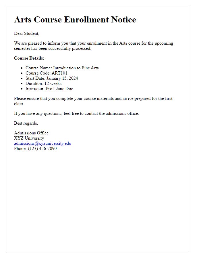 Letter template of arts course enrollment notice