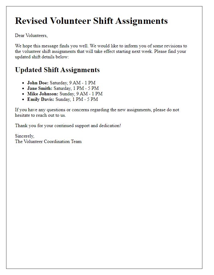 Letter template of revised volunteer shift assignments